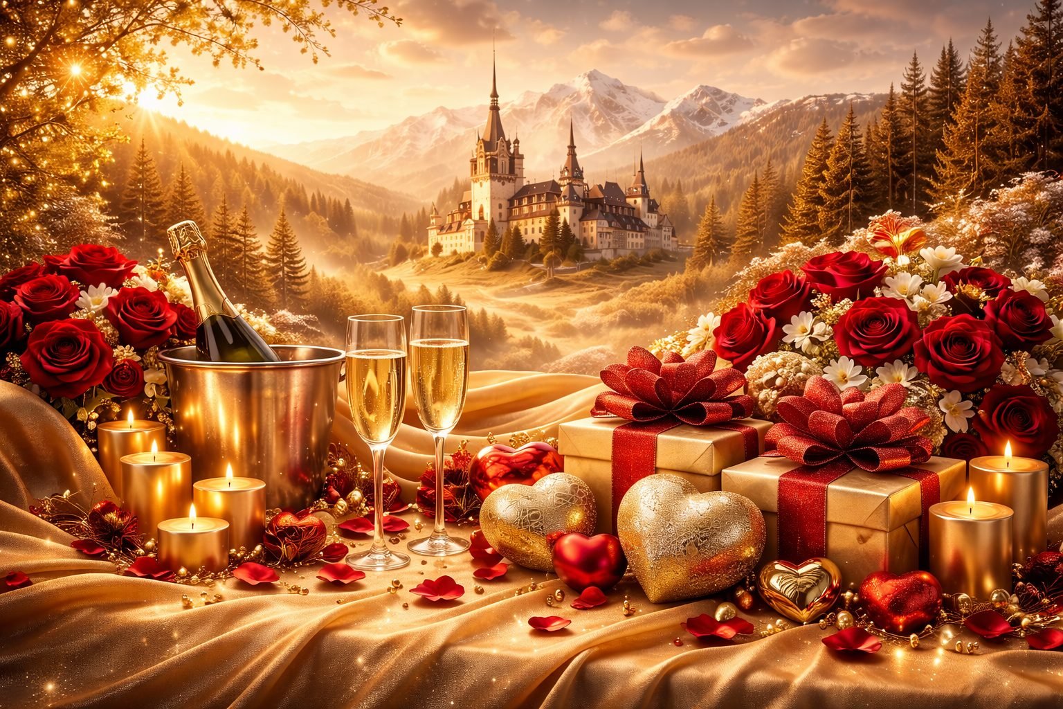Cuplu în vacanță romantică la munte în Sinaia, ofertă Valentine’s Day la Hotel Caraiman